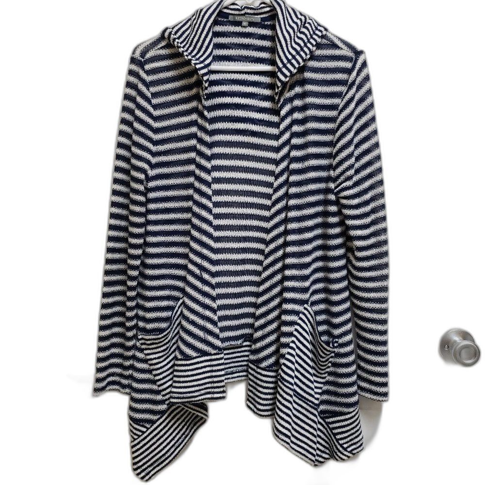 RETROology Women Navy White Striped Hooded Cardigan Sweater M Lagenlook Nautical